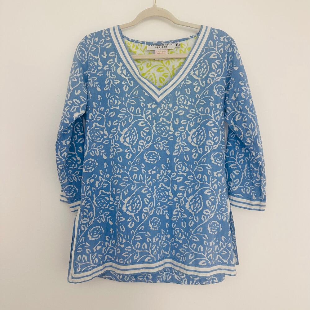 Gretchen Scott Womens M Blue White Floral Stripe Tunic Top Cotton Preppy